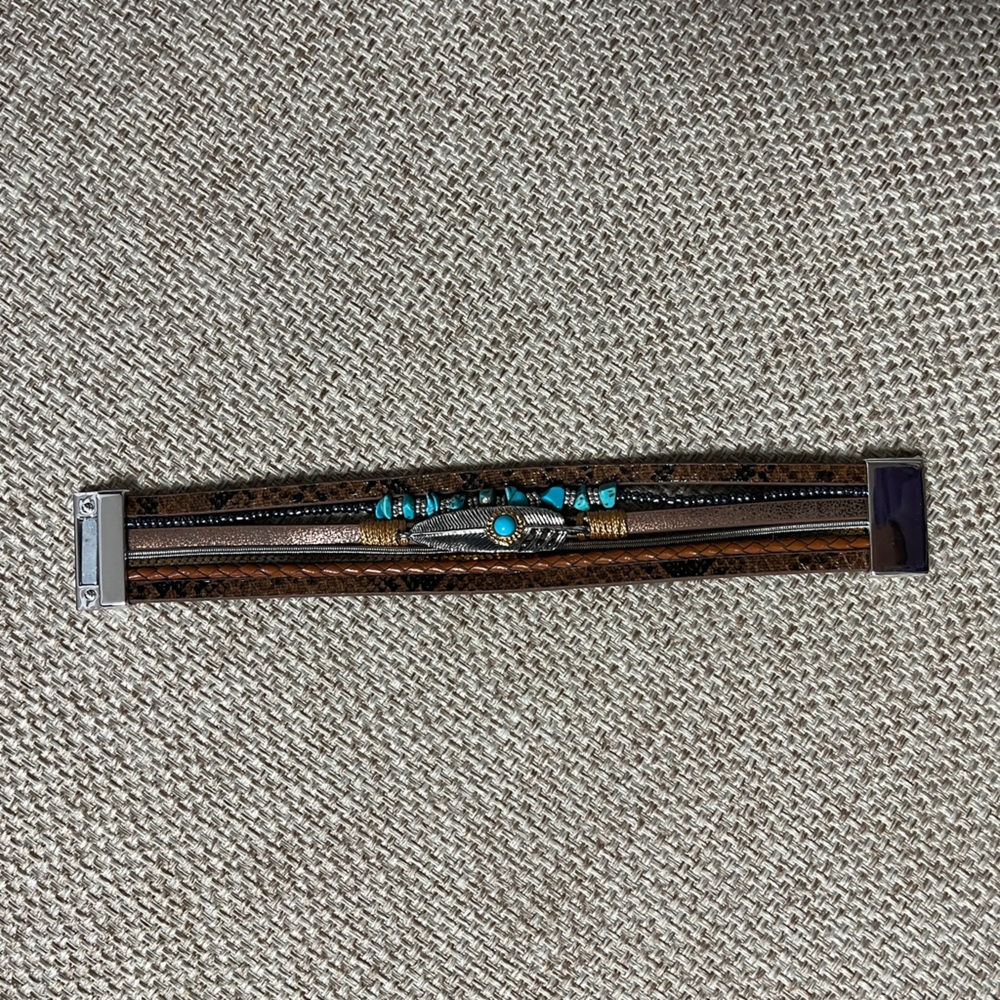 Bracelet, Turquoise& Brown, 7.5”x 1”, NIP, magnetic closure, Unisex, multi strap - Picture 4 of 8